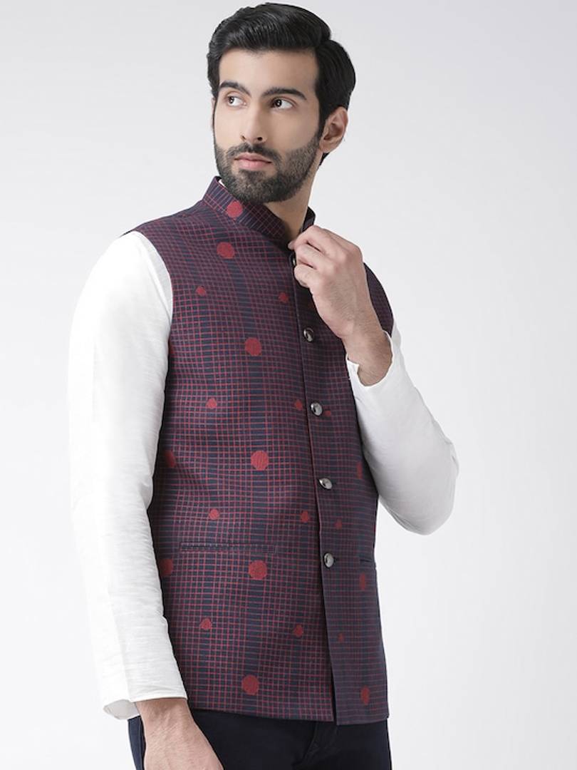 Men's Navy Blue 
Cotton Blend
 Printed Nehru Jackets